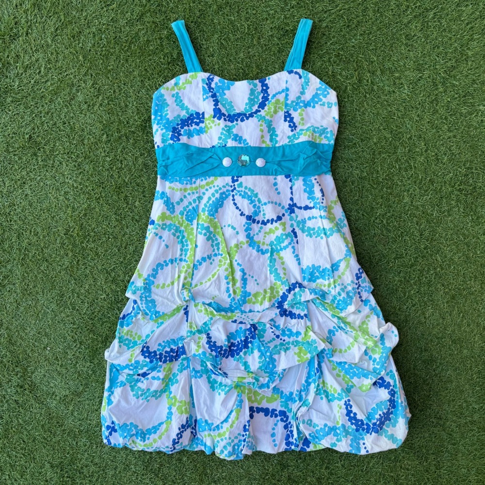 Vintage Y2K Rare Editions Womens Dress XS Sleeveless‎ Ruffle White Blue Green